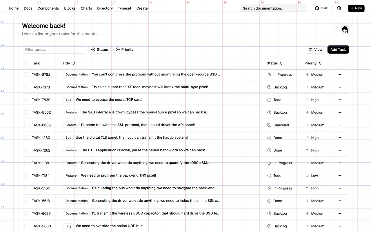 A task list interface with a red and blue grid drawn over it, marked every ten percent horizontally and vertically.
