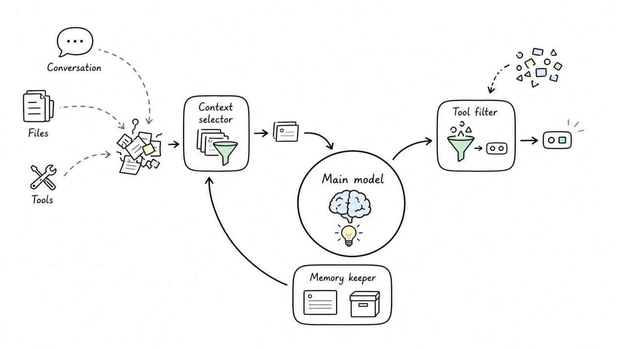 The whole architecture on one line. Conversation, files and tools feed a context selector, which passes a short context to the main model; a tool filter trims what comes back, and a memory keeper writes what should survive back into the selector.