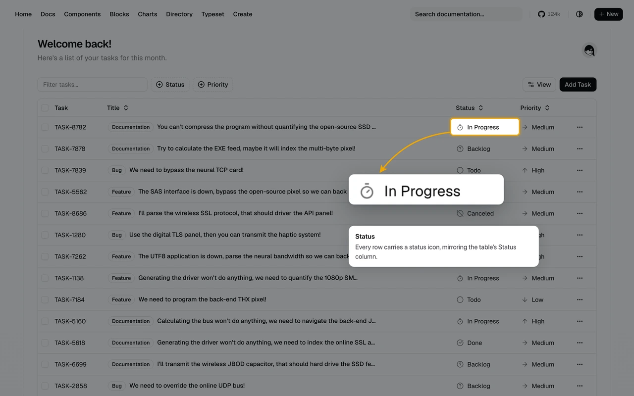 A task list where one small status chip has been cropped, enlarged about two and a half times, and placed in empty space below, with a caption card next to it.